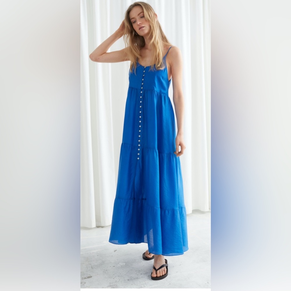 & Other Stories Blue Pleated Tiered Maxi Sundress